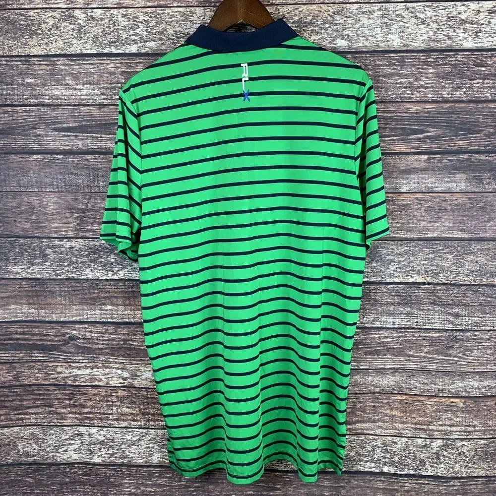 Ralph Lauren RLX Mens Golf Polo Shirt Green‎ Blue Striped Button Collar Large
